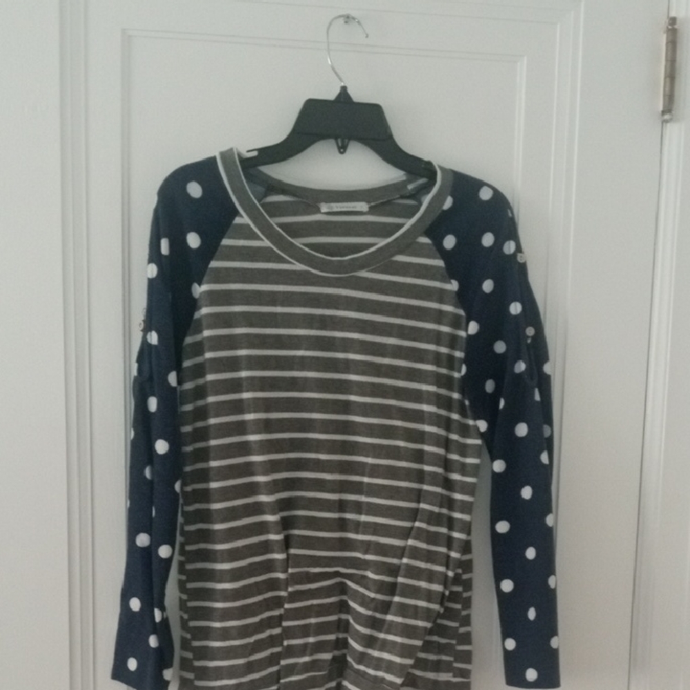 Striped and Polka Dot Long Sleeve Top small , button cutout accents at shoulders